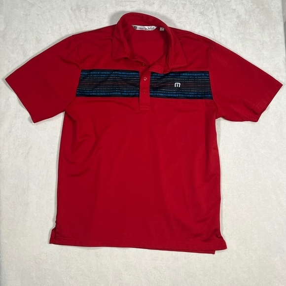 Travis Mathew Size Medium Red Navy Stripe Golf Performance Polo Shirt EUC - Picture 1 of 6